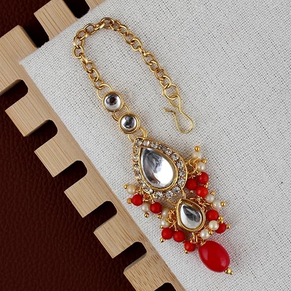 Tehzeeb Creations Gold-Polished White Red Color Tika Earring Necklace Combo Kundan Jewellery Set Tehzeeb Creations