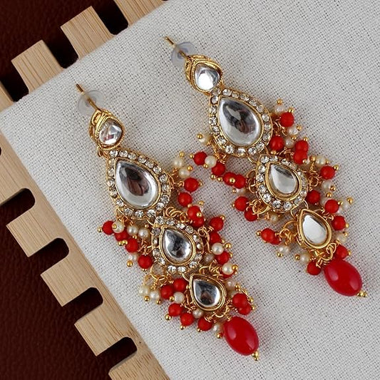 Tehzeeb Creations Gold-Polished White Red Color Tika Earring Necklace Combo Kundan Jewellery Set Tehzeeb Creations
