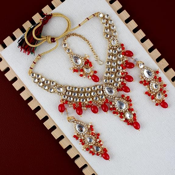 Tehzeeb Creations Gold-Polished White Red Color Tika Earring Necklace Combo Kundan Jewellery Set Tehzeeb Creations