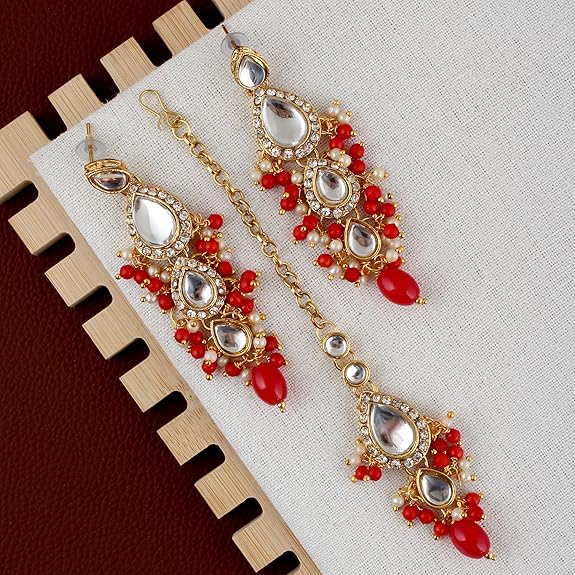 Tehzeeb Creations Gold-Polished White Red Color Tika Earring Necklace Combo Kundan Jewellery Set Tehzeeb Creations