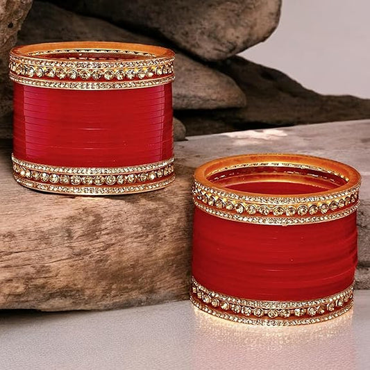 Tehzeeb Creations Bridal Bangle Set Wedding punjabi chuda, Designer chura CZ Stone Maroon Color Choora Set for Women