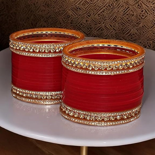Tehzeeb Creations Bridal Bangle Set Wedding punjabi chuda, Designer chura CZ Stone Maroon Color Choora Set for Women