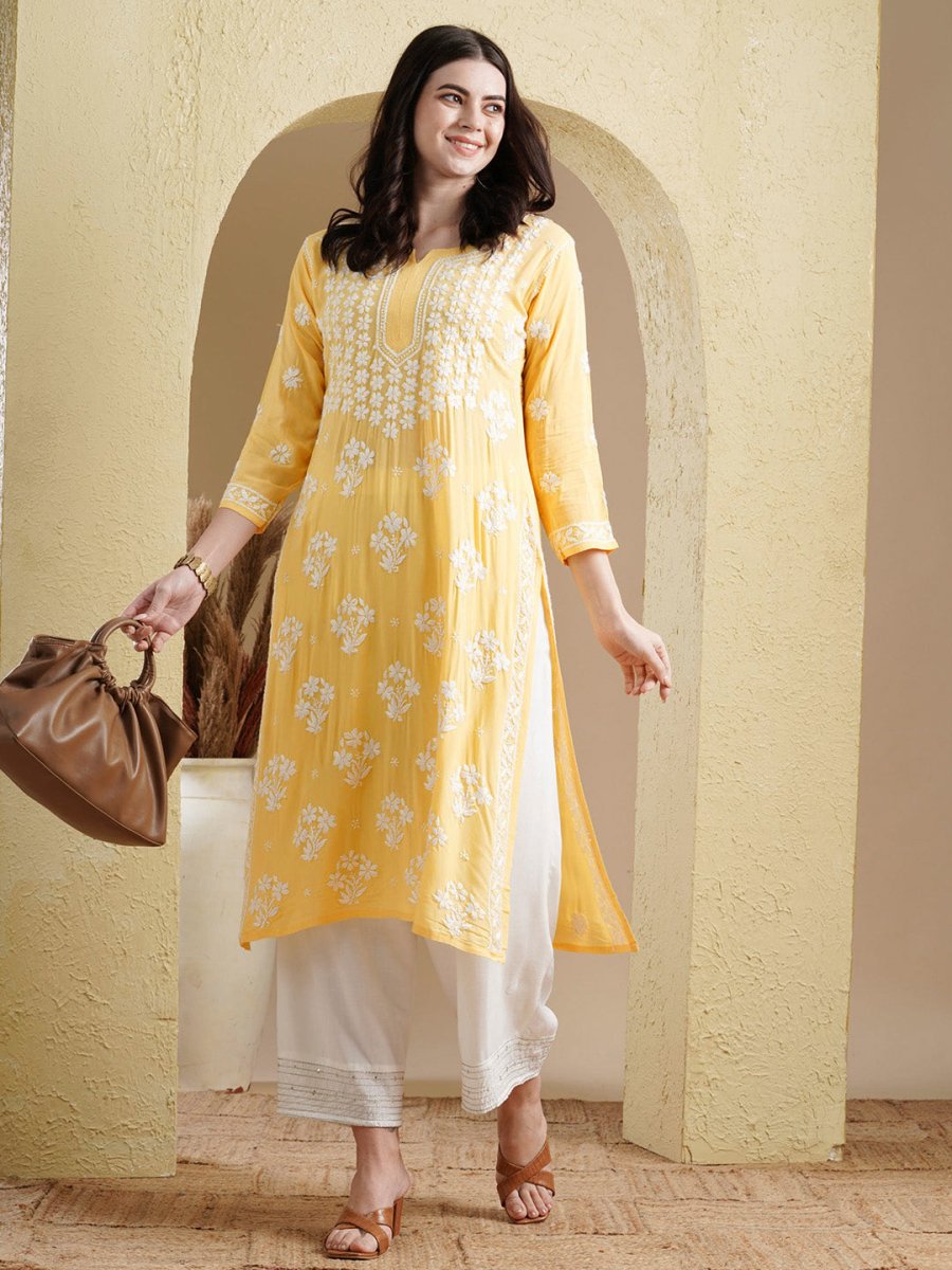 ADA Floral Lucknowi Chikankari Straight Kurta 