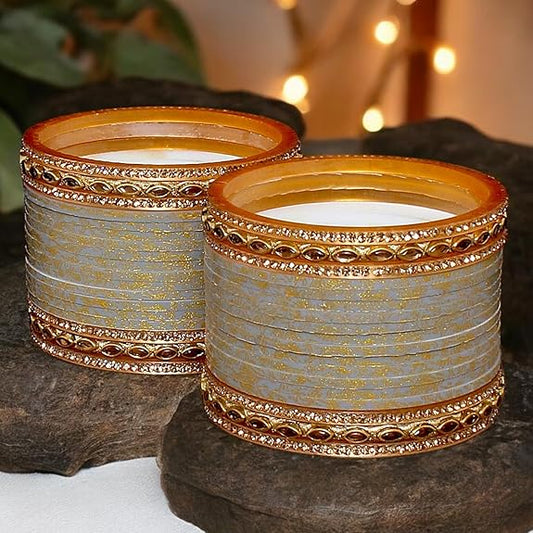Tehzeeb Creations Bridal Bangle set Wedding Punjabi chuda Designer chura CZ Stone with Kundan Stone Grey Color choora