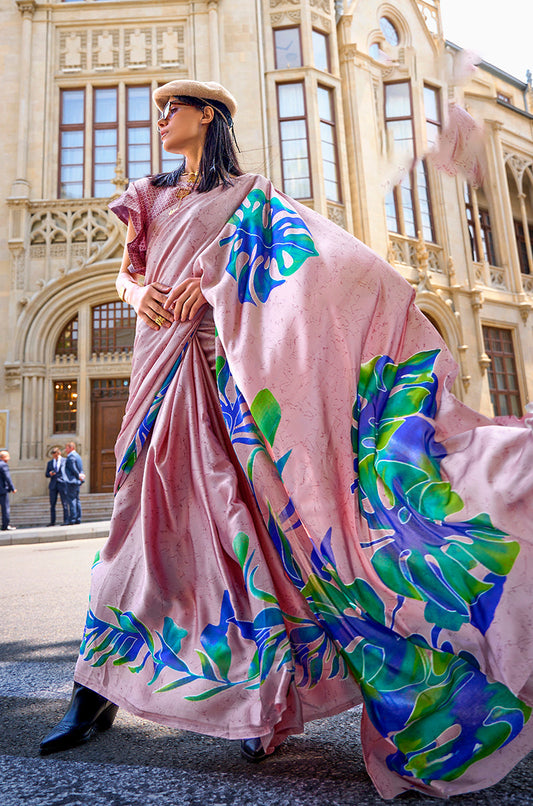 Monjolika Fashion Satin Light Pink Printed Trendy Saree