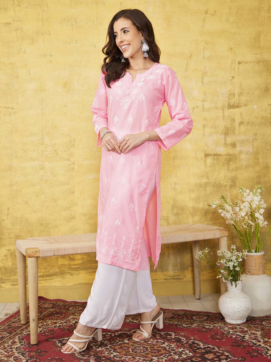 ADA Women Pink & White Chikankari Embroidered Straight Sustainable Handloom Kurta 
