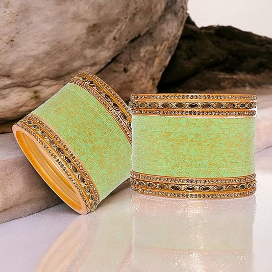 Tehzeeb Creations Bridal Bangle Set Wedding Punjabi Chuda Designer Chura CZ Stone with Kundan Stone Pista Color Small Size Choora for Women