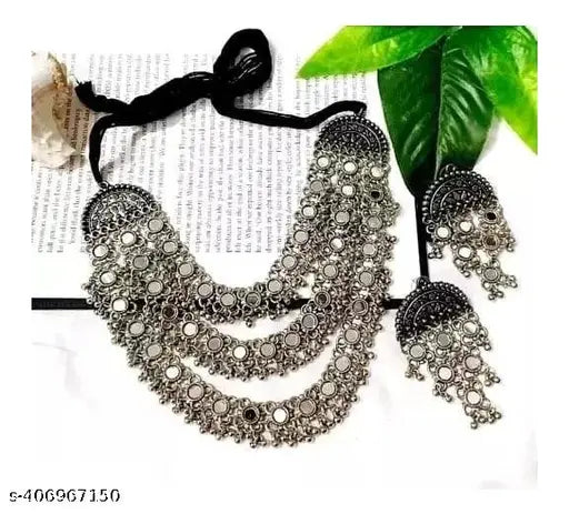 Tehzeeb Creations Women's Silver Colour Oxidised Necklace Set With Mirror Work Tehzeeb Creations