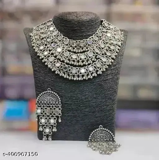 Tehzeeb Creations Women's Silver Colour Oxidised Necklace Set With Mirror Work Tehzeeb Creations
