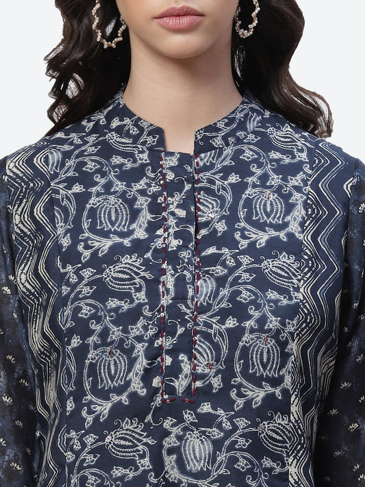 Biba Women Navy Blue Ethnic Motifs Printed Asymmetric Kurta - Grab2buy