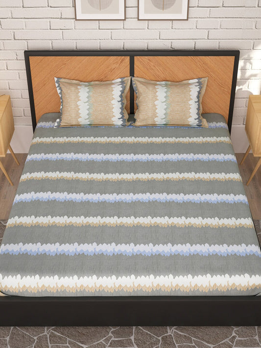 Story@home Grey & Peach-Coloured Striped 180 TC Queen Bedsheet With 2 Pillow Covers 