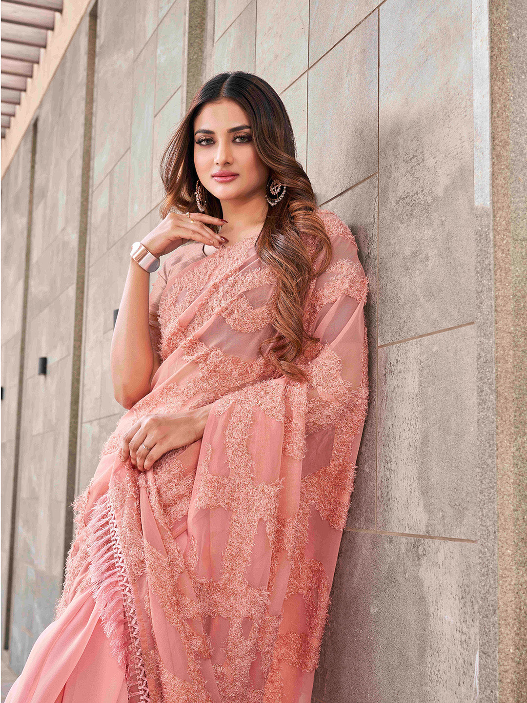 Tikhi Imli Peach Abstract Woven Design Half And Half Grab2Buy 