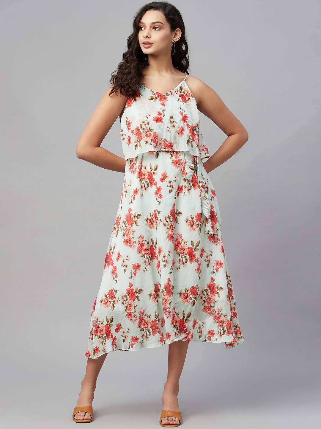 Myshka Women Multicolor Printed Sleeveless V Neck Dress