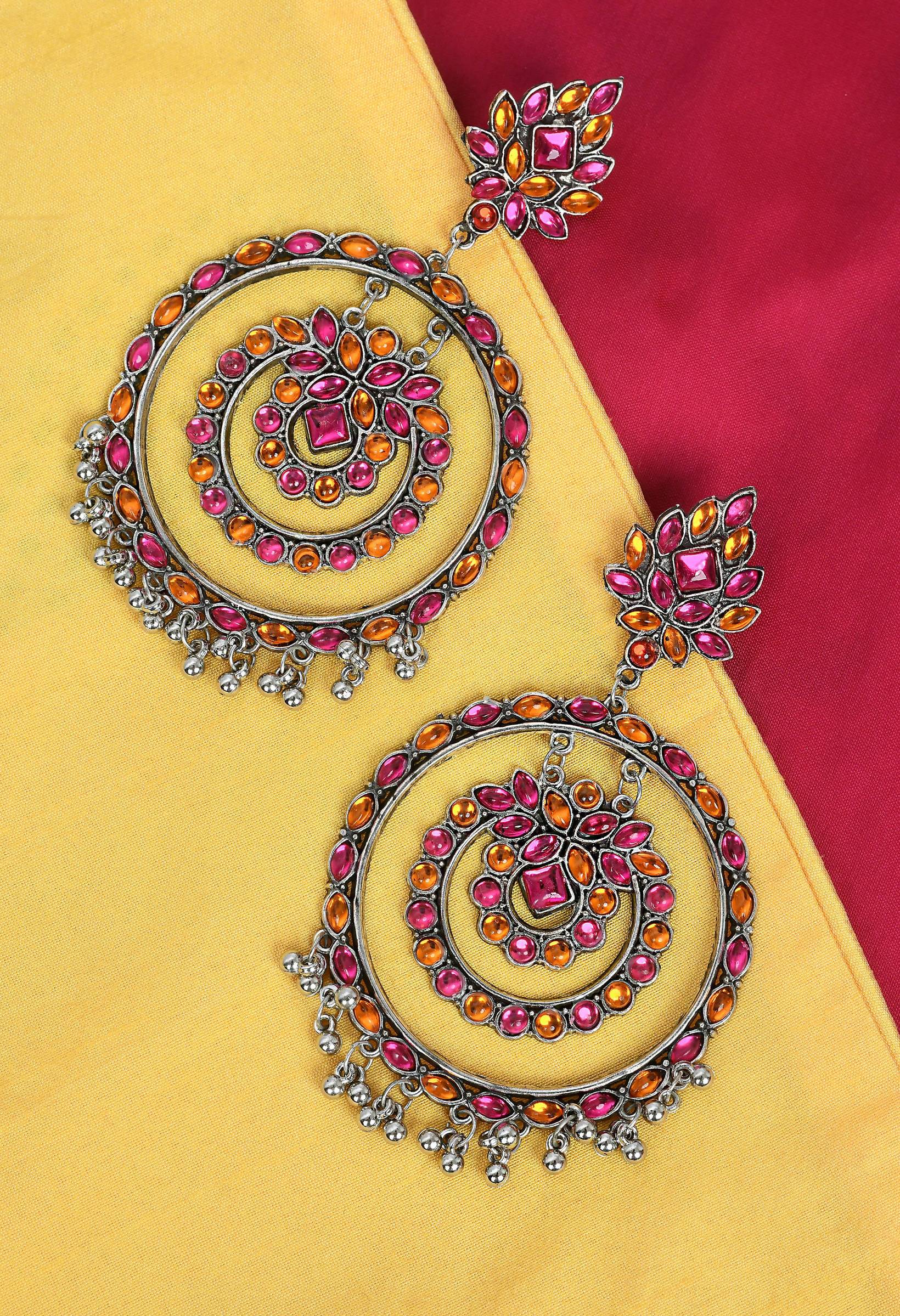Mominos Fashion Johar Kamal Women's Pink & Orange Kundan Circles Earrings - Grab2buy