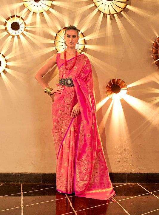 Monjolika Fashion Bright Pink Color Handloom Silk Classic Saree With Blouse
