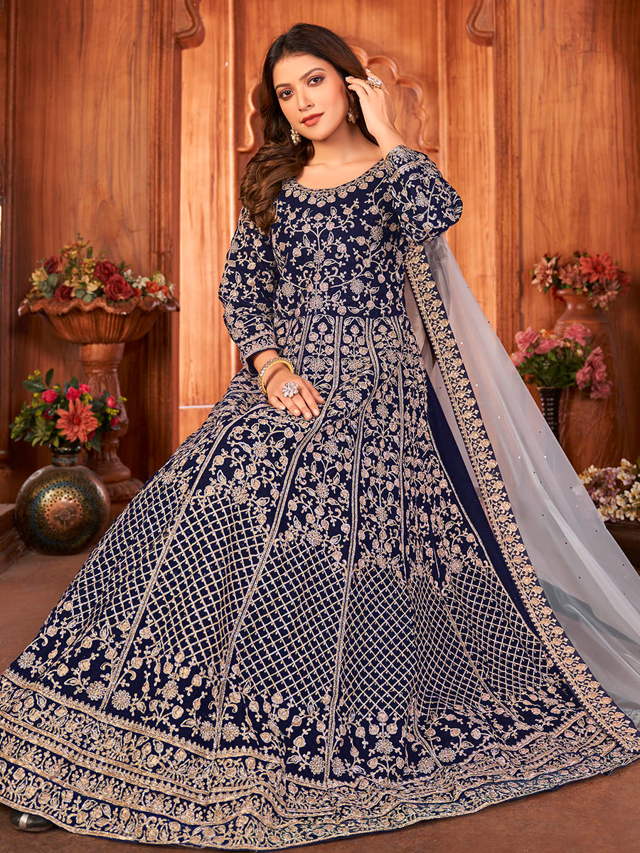 Myra Navy Blue Velvet Embroidered Anarkali Suit 