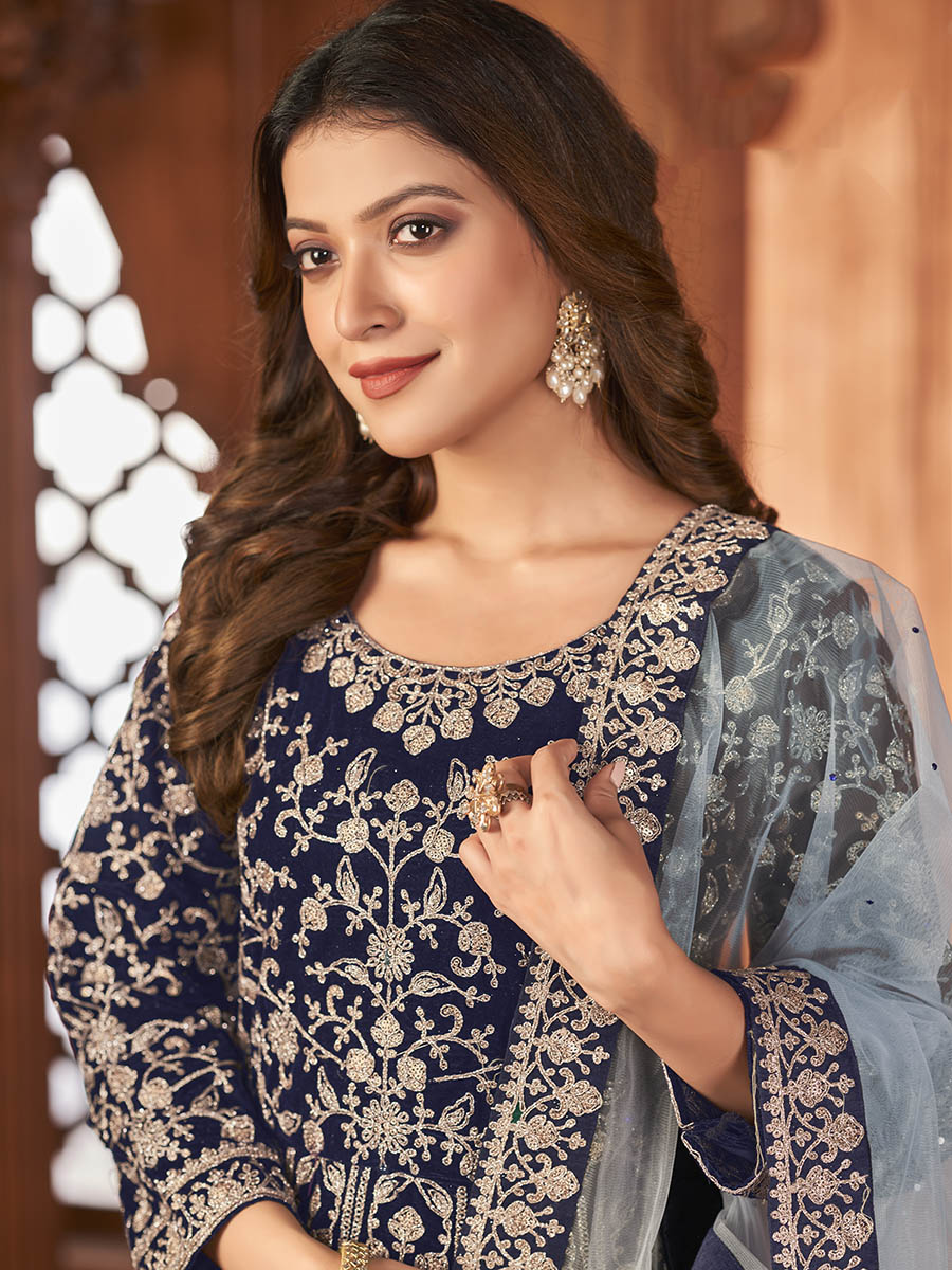 Myra Navy Blue Velvet Embroidered Anarkali Suit 
