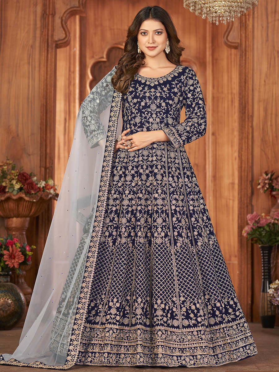 Myra Navy Blue Velvet Embroidered Anarkali Suit 