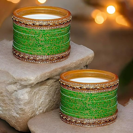 Tehzeeb Creations Bridal Bangle Set Wedding Punjabi Chuda Designer Chura CZ Stone with Kundan Stone Green Color Small Size Choora For Women
