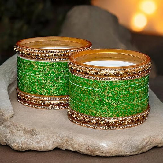Tehzeeb Creations Bridal Bangle Set Wedding Punjabi Chuda Designer Chura CZ Stone with Kundan Stone Green Color Small Size Choora For Women
