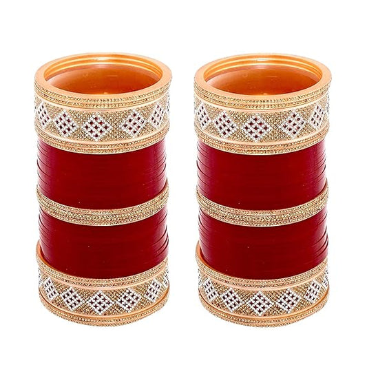 Tehzeeb Creations Bridal Bangle Set Wedding Punjabi Chuda Designer Chura CZ Stone Maroon Color Choora For Women