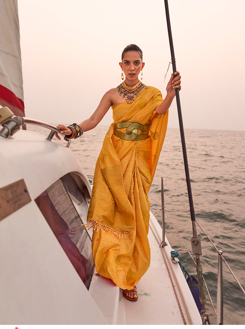 Monjolika Fashion Yellow Color Satin Pastel Handloom Weaving Saree