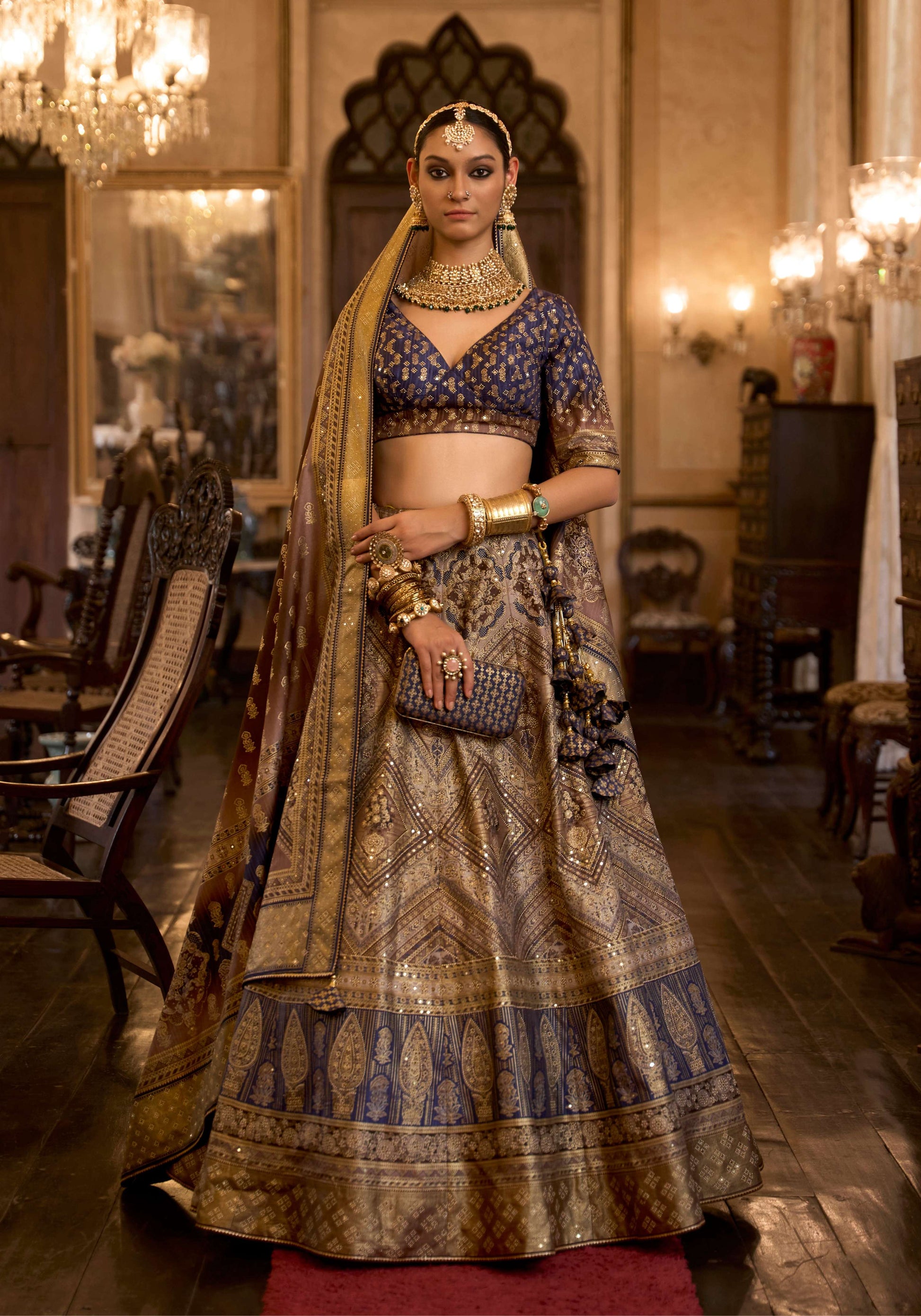 Monjolika Fashion Sequins Navy Blue Colour Rajwadi Silk Readymade Lehenga Choli