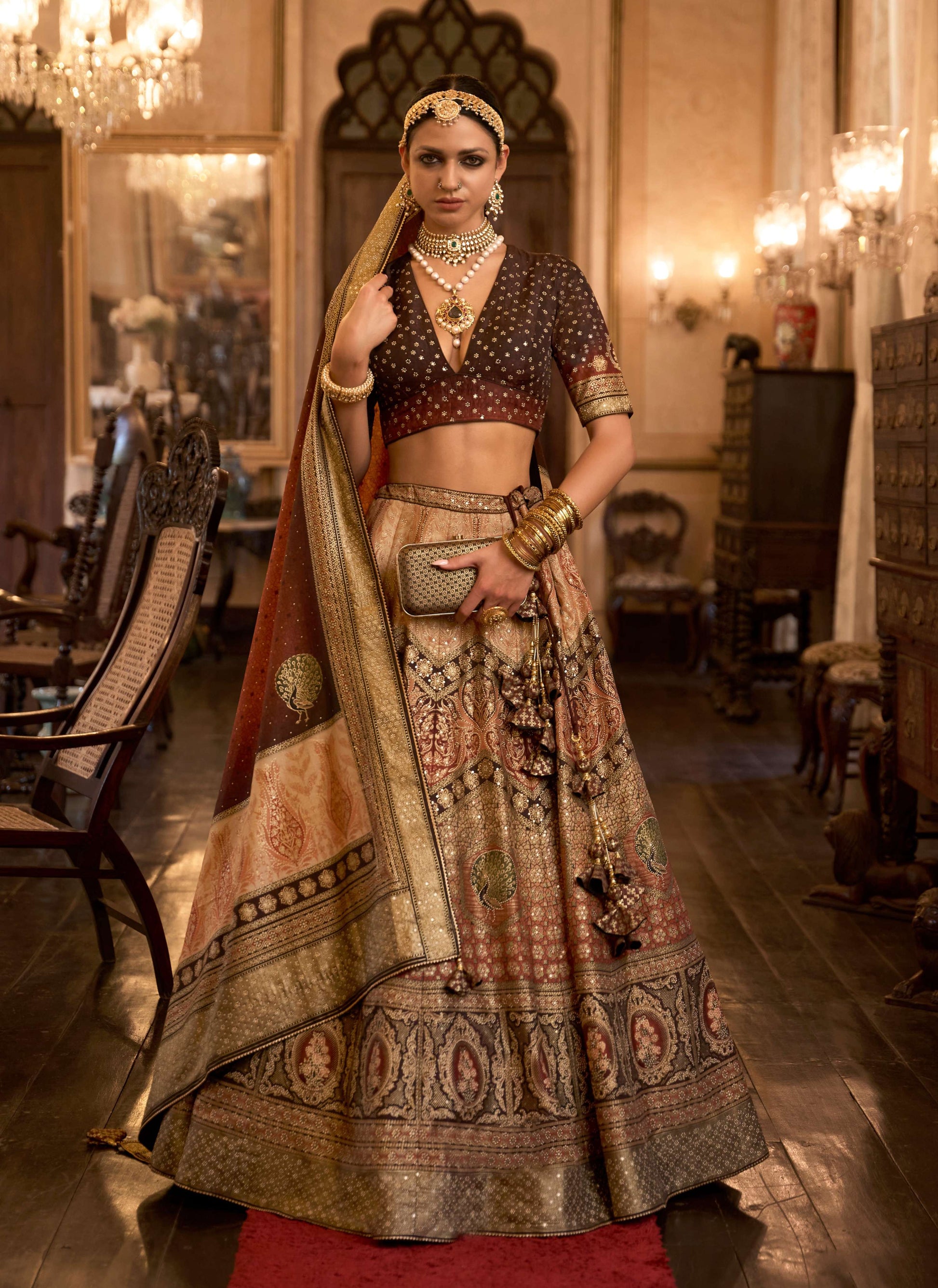 Monjolika Fashion Sequins Peach Colour Rajwadi Silk Readymade Lehenga Choli