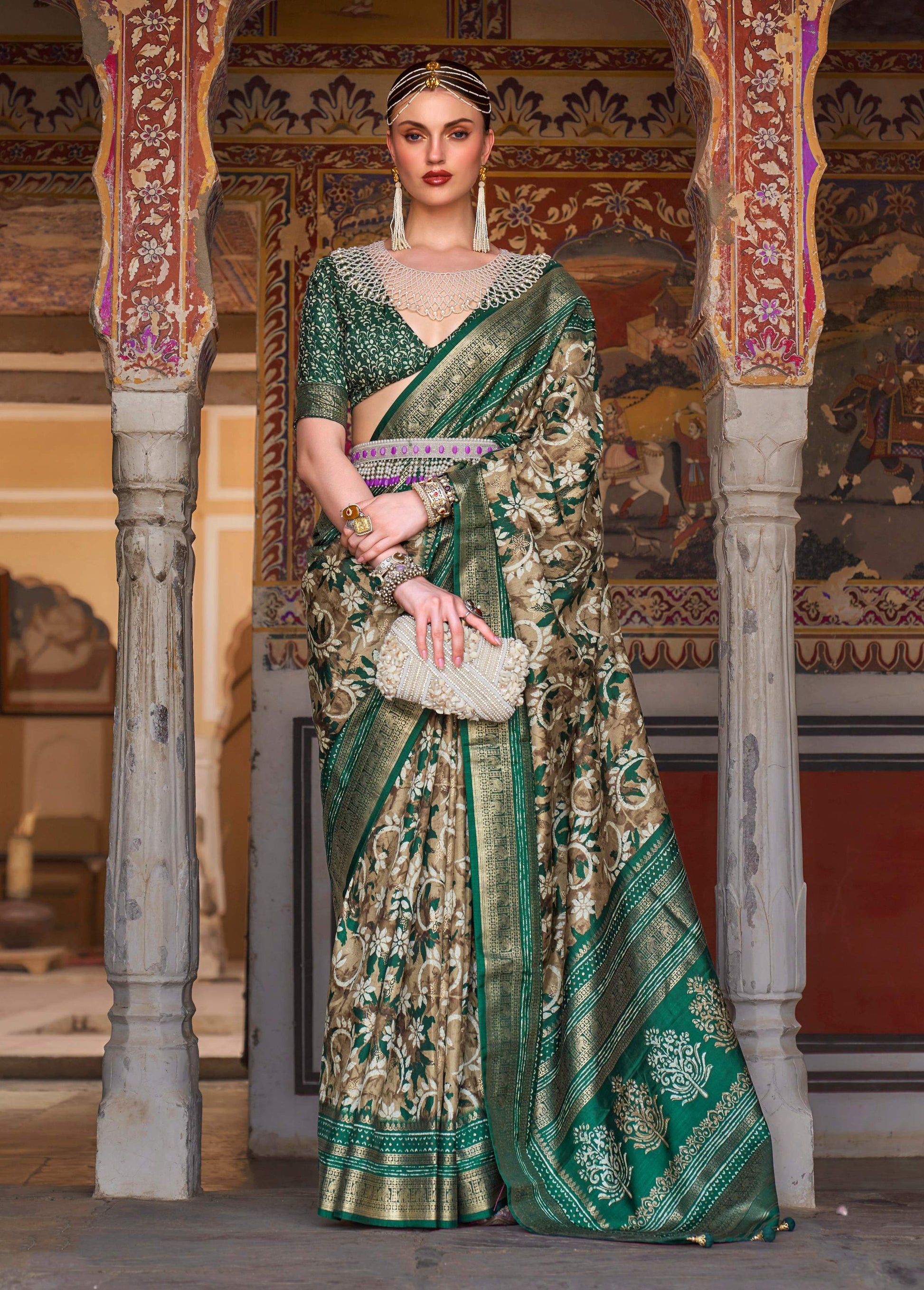 Monjolika Fashion Dark Green Color Silk Ajarak Design Traditional Saree