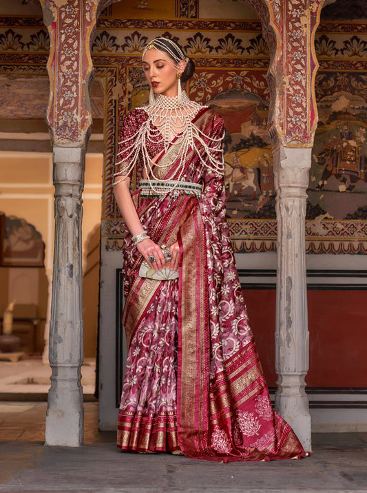 Monjolika Fashion Red Color Silk Ajarak Design Traditional Saree