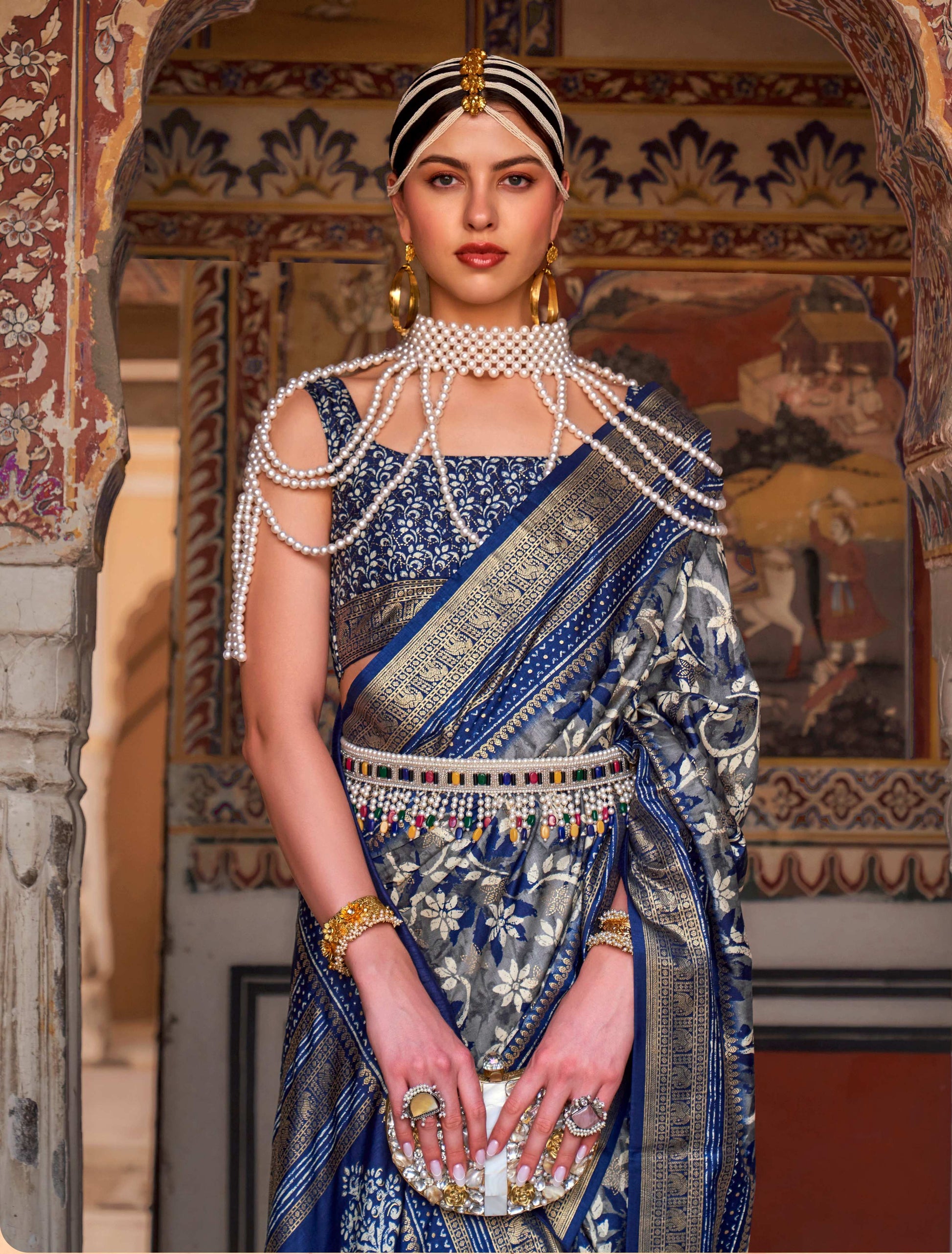 Monjolika Fashion Navy Blue Color Silk Ajarak Design Traditional Saree