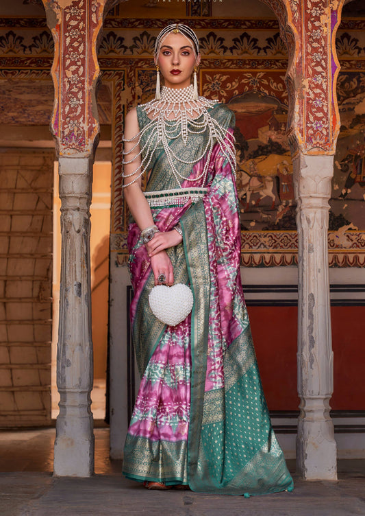 Monjolika Fashion Pink And Green Color Silk Ajarak Design Traditional Saree
