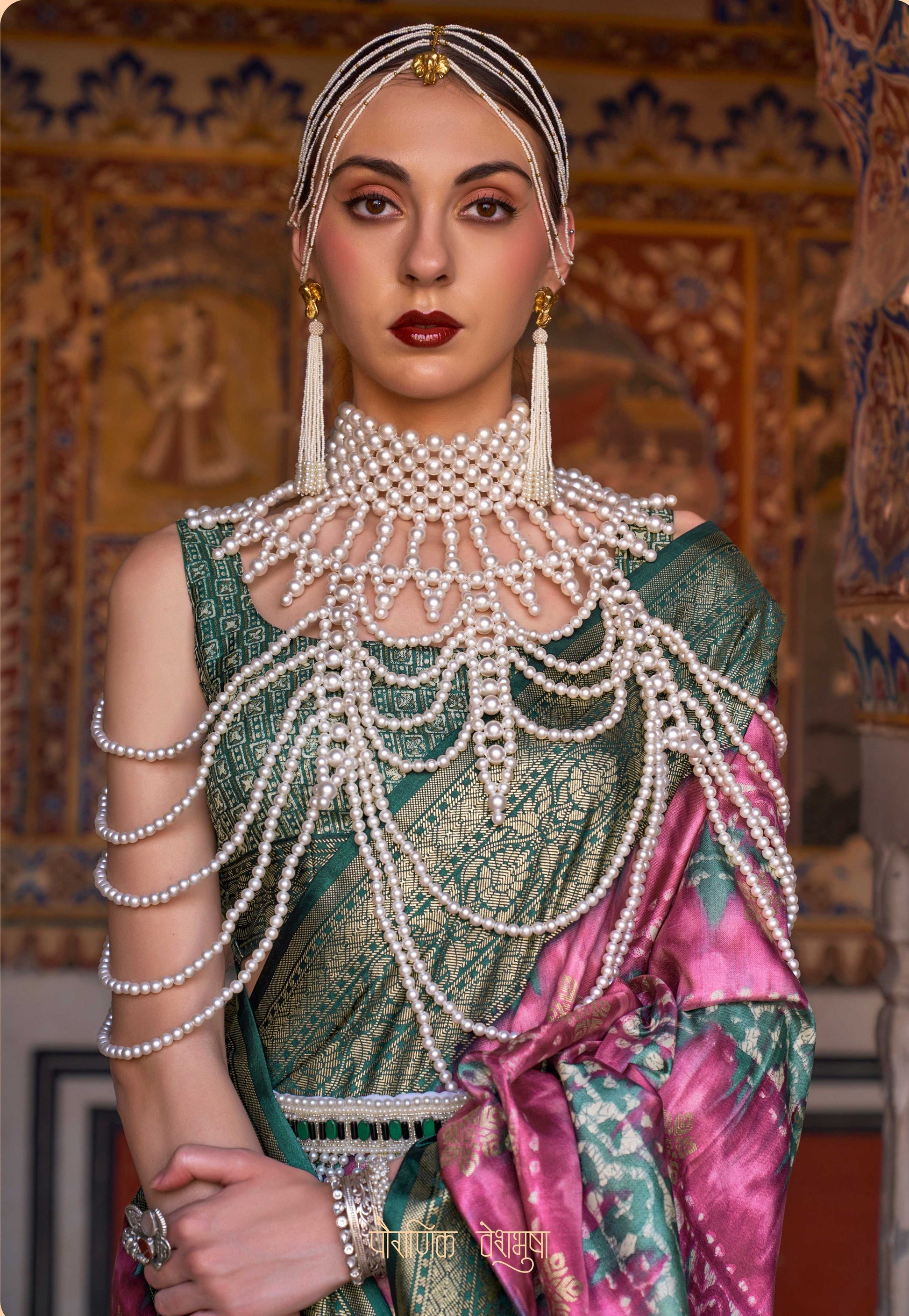 Monjolika Fashion Pink And Green Color Silk Ajarak Design Traditional Saree