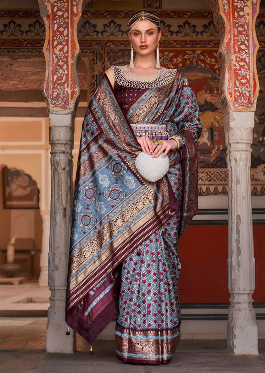 Monjolika Fashion Cobalt Blue Color Silk Ajarak Design Traditional Saree