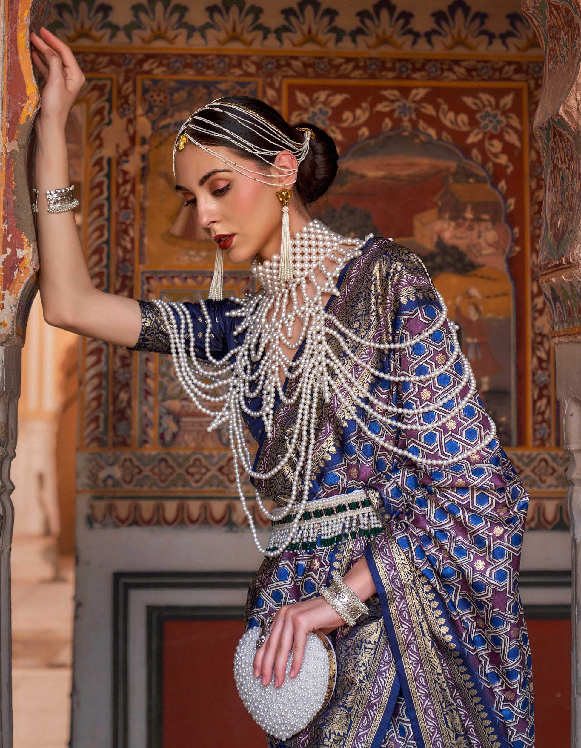 Monjolika Fashion Blue Color Silk Ajarak Design Traditional Saree