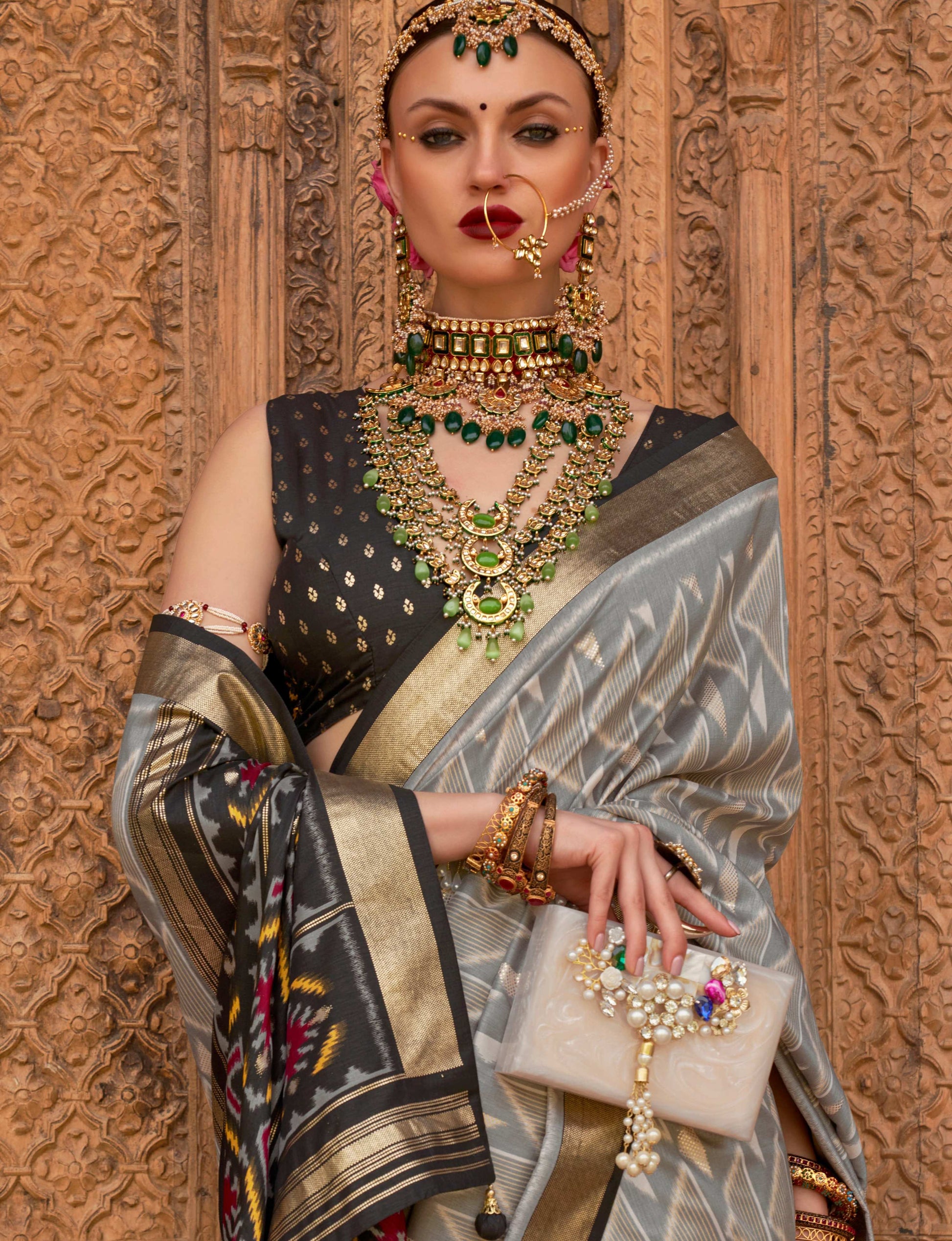 Monjolika Fashion Light Grey Color Patola Silk Weaving Work Saree With Blouse