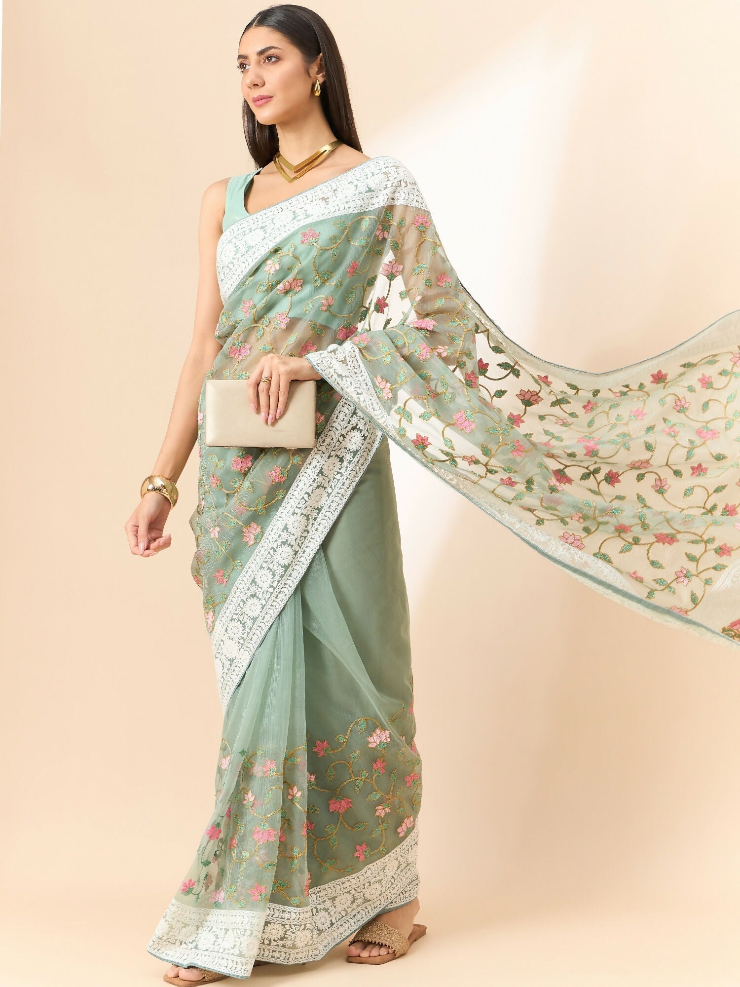 Green Organza Floral Embroidered Saree with Unstitched Blouse Piece - Roozal