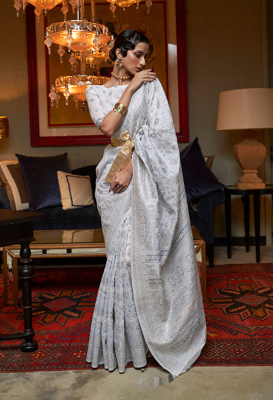 Monjolika Fashion Off White Color Silk Weaving Work Traditonal Saree