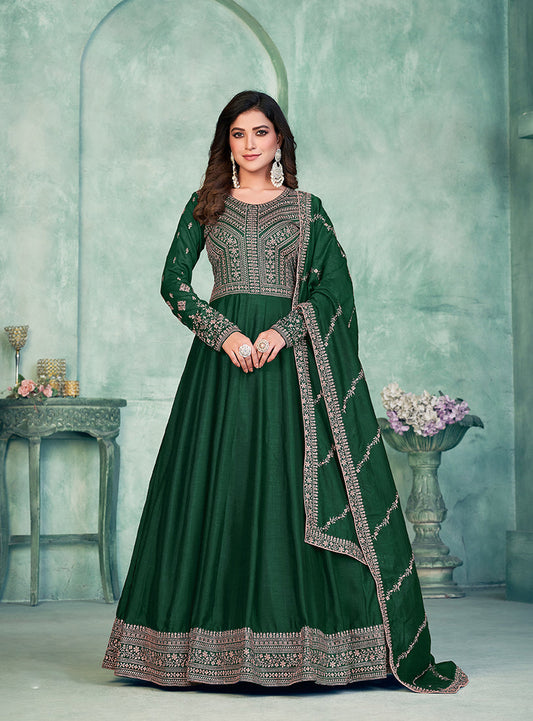 Monjolika Fashion Dark Green Color Embroidered Art Silk Designer Anarkali Salwar Suit