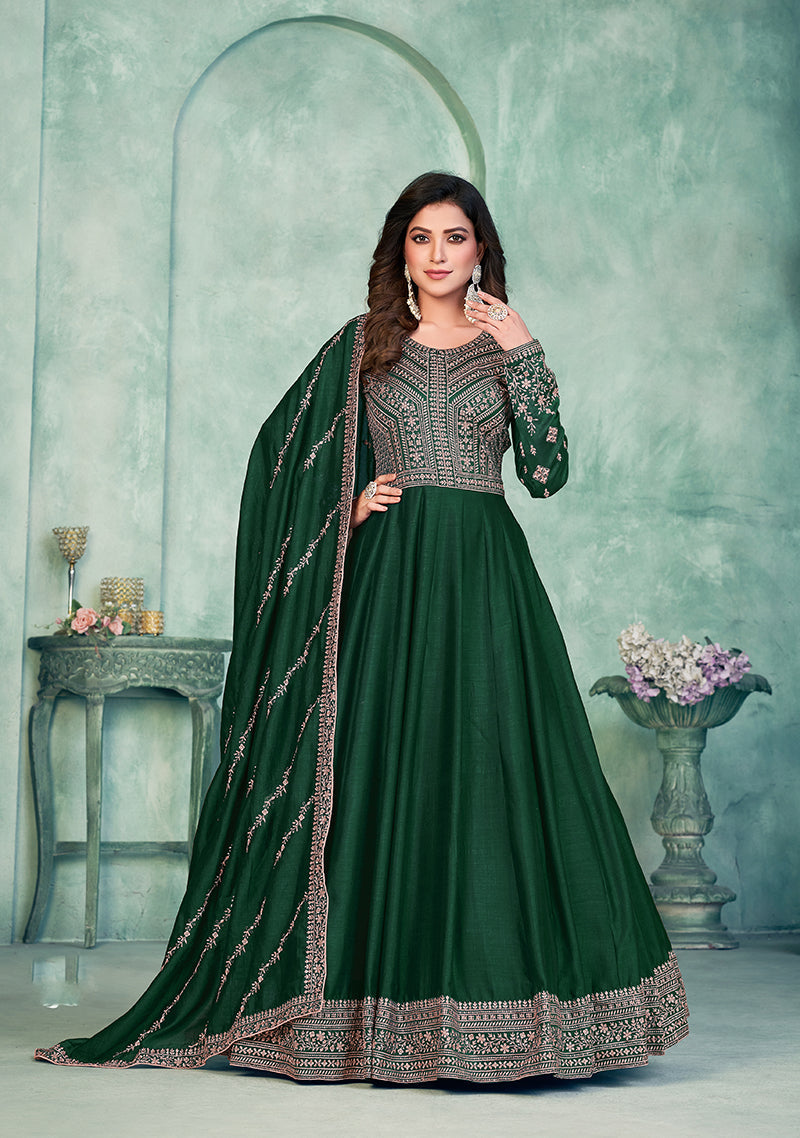 Monjolika Fashion Dark Green Color Embroidered Art Silk Designer Anarkali Salwar Suit