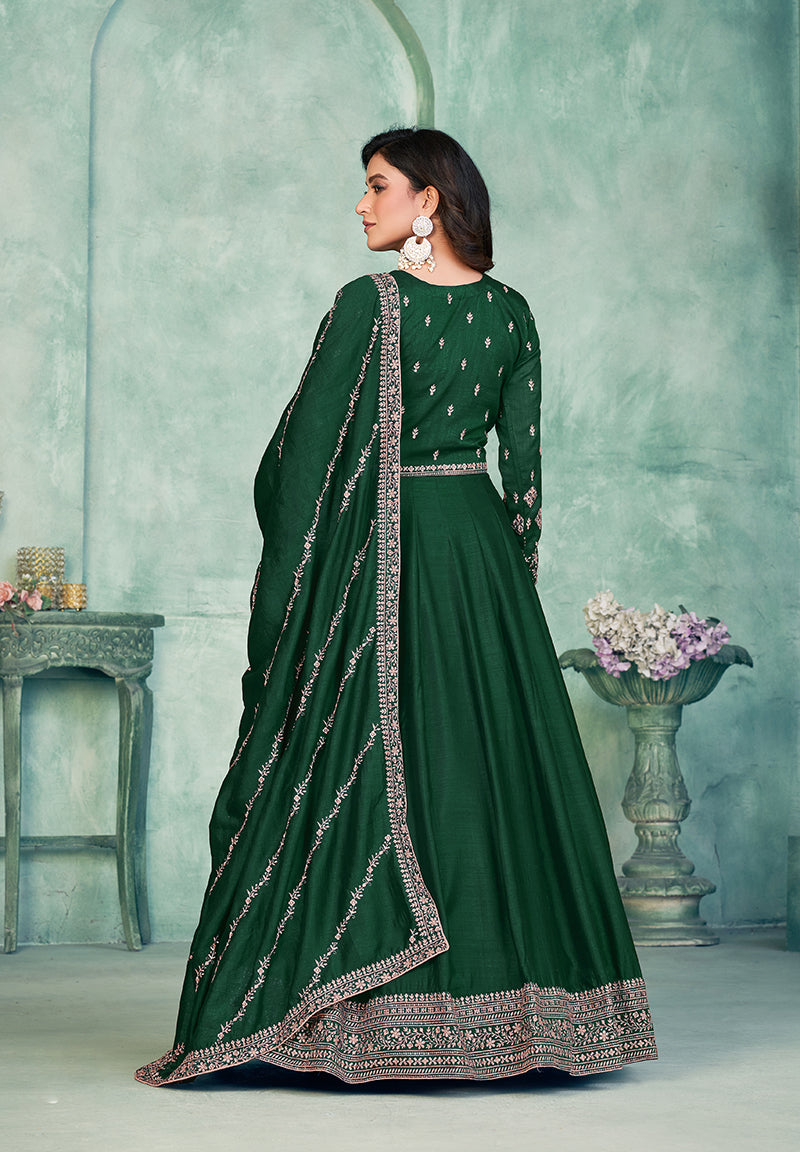 Monjolika Fashion Dark Green Color Embroidered Art Silk Designer Anarkali Salwar Suit