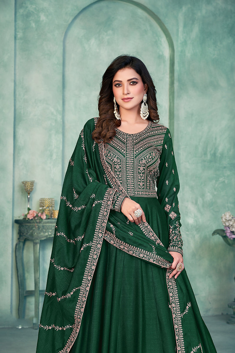 Monjolika Fashion Dark Green Color Embroidered Art Silk Designer Anarkali Salwar Suit