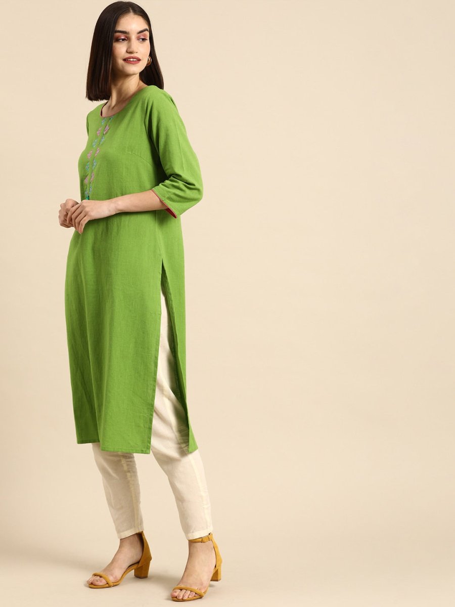 All About You Women Green & Pink Ethnic Motifs Yoke Design Thread Work Pure Cotton Kurta