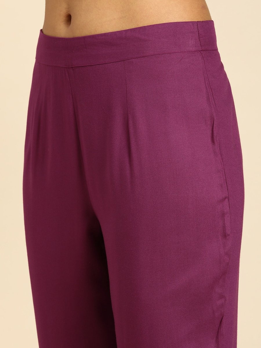 All About You Women Purple Ethnic Motifs Yoke Design Regular Thread Work Kurta with Trousers