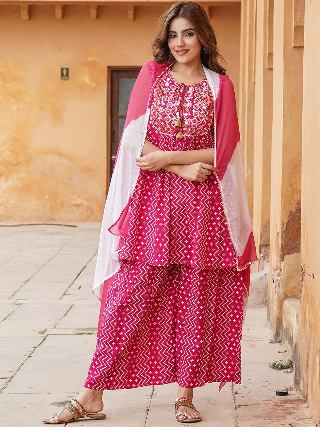 Kalini Ethnic Motifs Printed A-Line Kurta With Sharara & Dupatta 