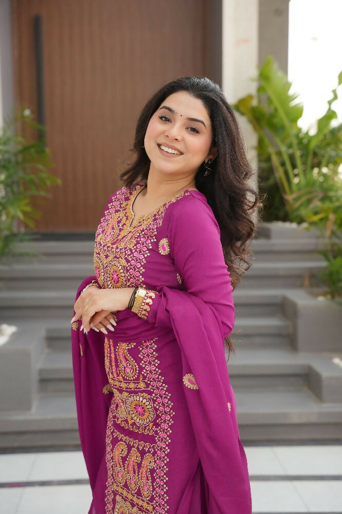 Joban Fashion Magenta Kurta Set Silk Sequins , Zari, Coding & Thread Embroidered work