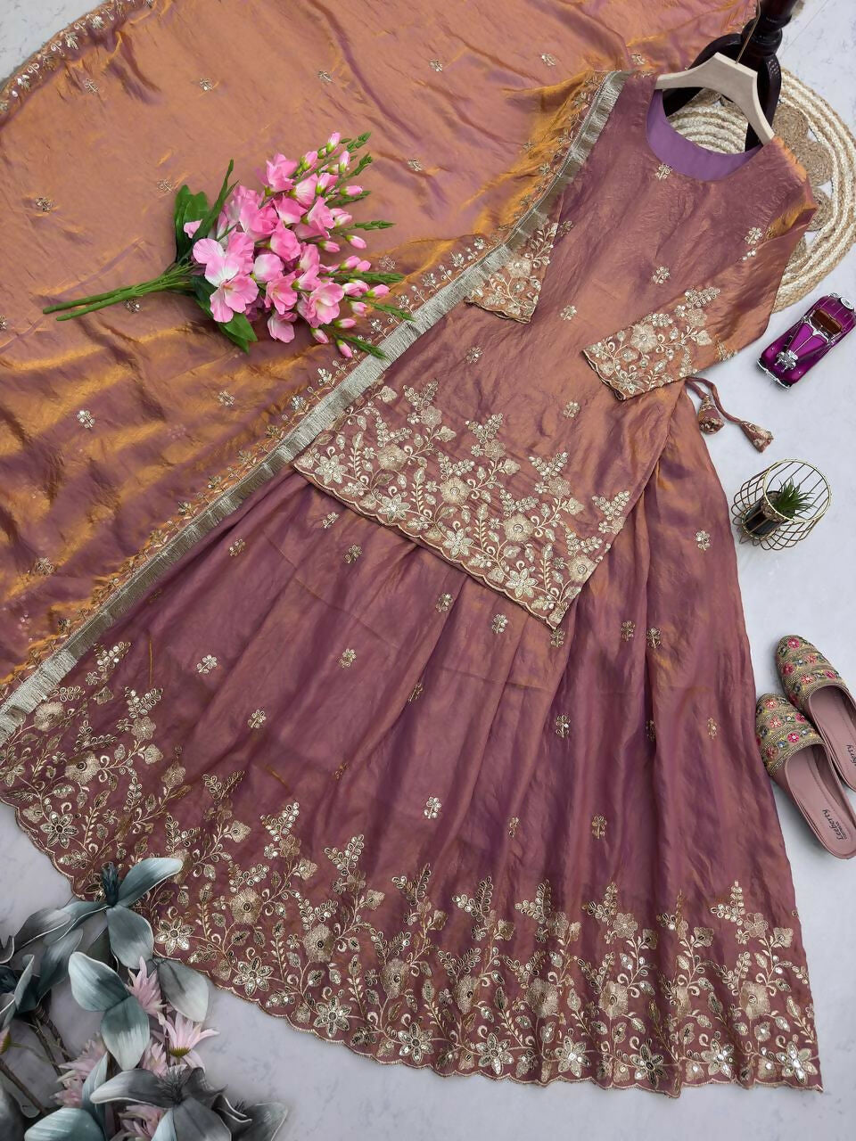Teeya Creation Womens New Latest Heavy Embroidery Sequins Work Lehenga Set - Purple