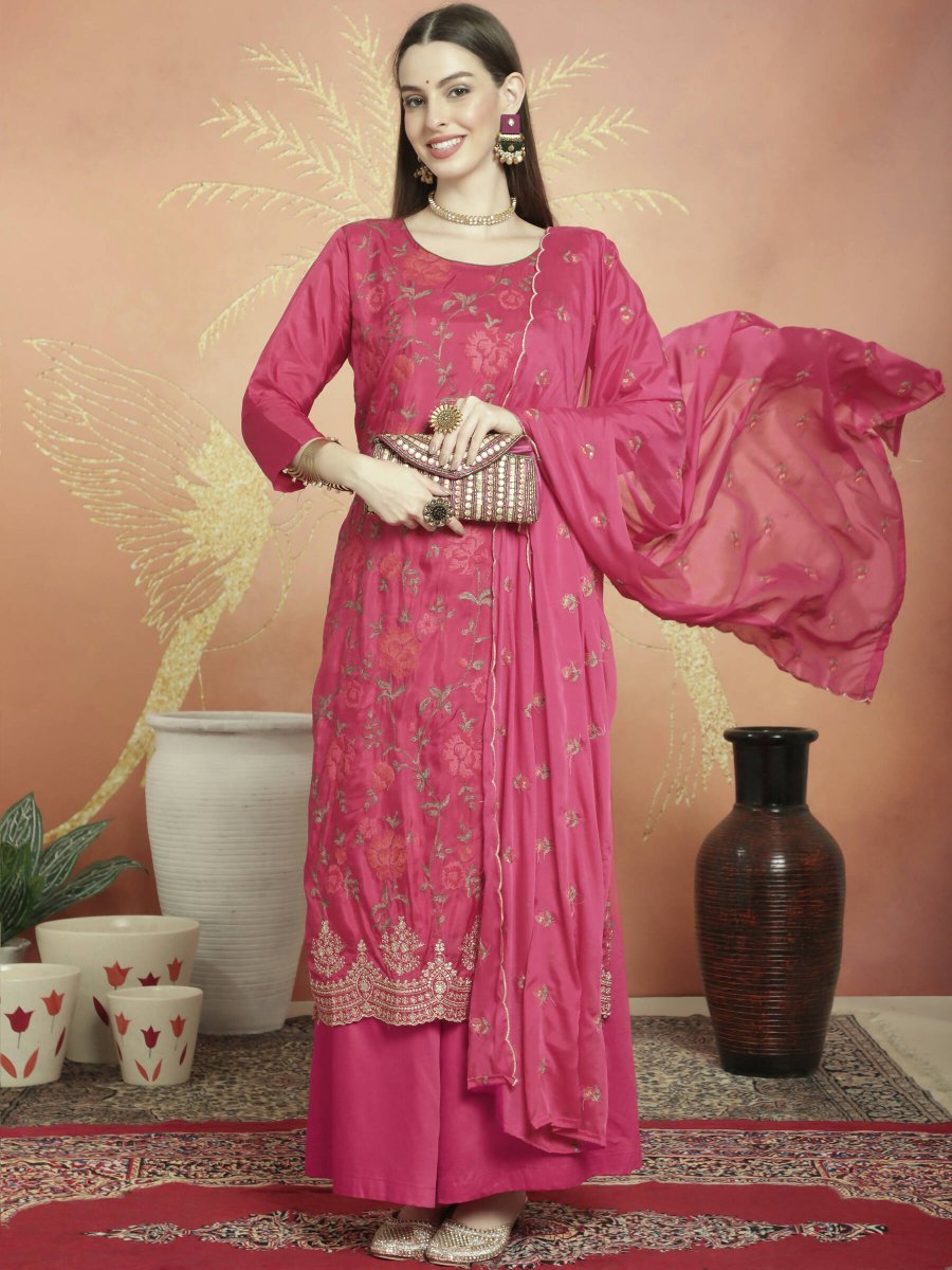 Aastha Fashion Women's Magenta Upada Silk Floral Resham Thread Kurta with Trouser & Dupatta - Grab2buy