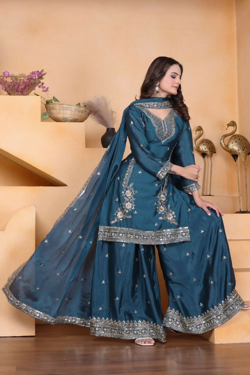 Joban Fashion Teal Crepe Embroidered Sharara Set
