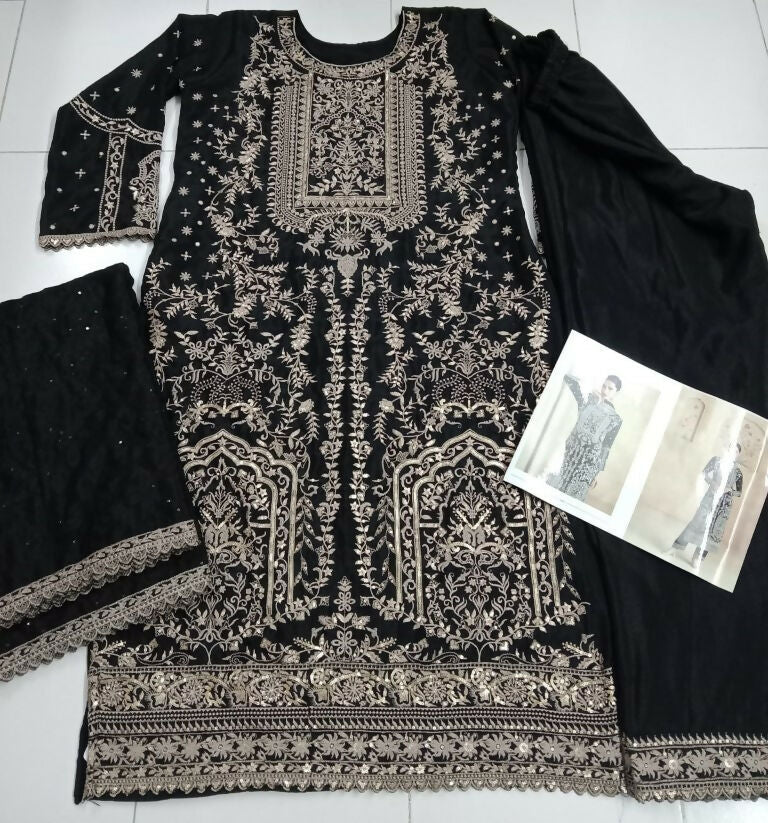 Vastranavya Black Chinon Silk Embroidered Sequins Pakistani Straight Pant Suit  Grab2Buy Vastranavya Grab2Buy